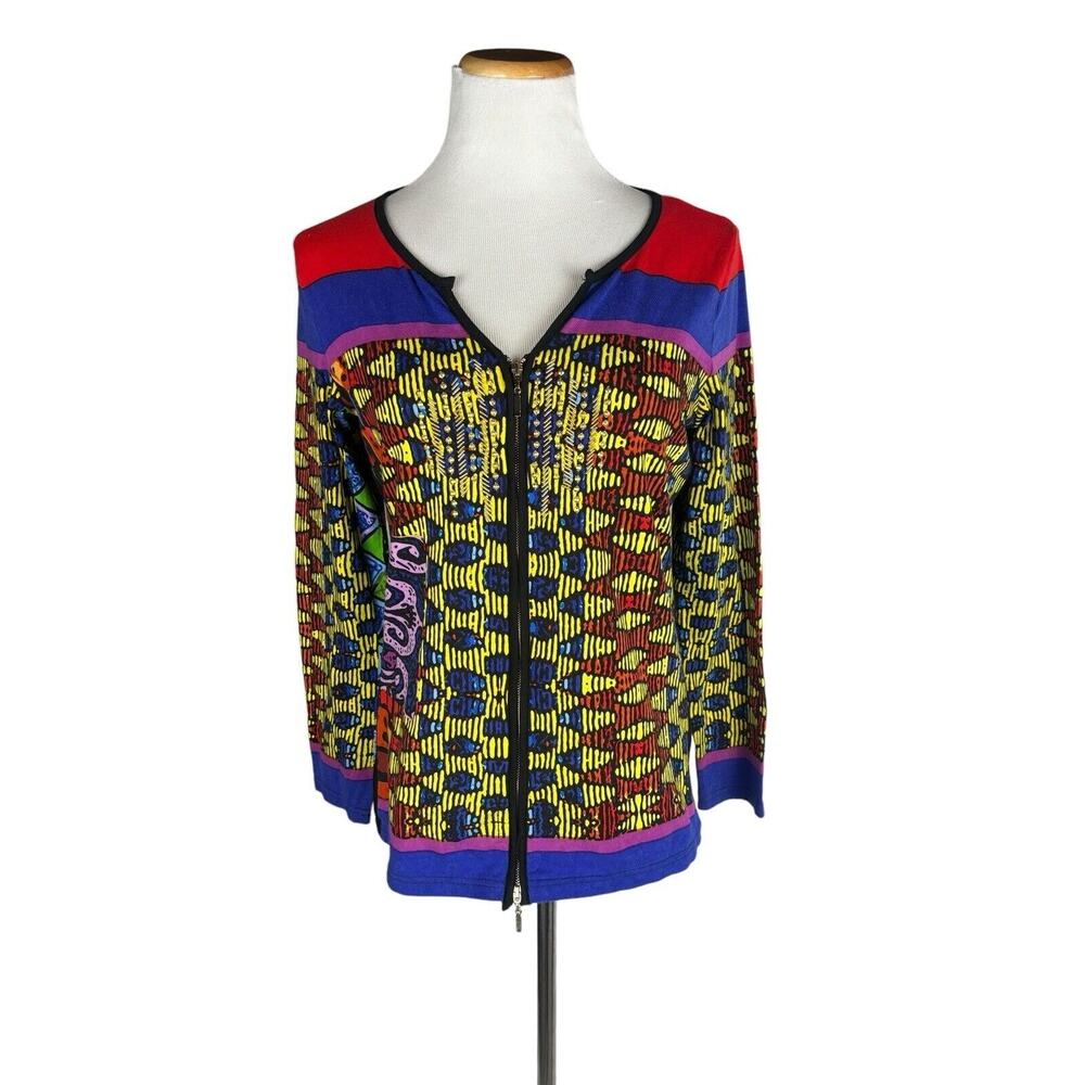Berek 2 Way Full Zip Cardigan Beaded 90s Graphic Wearable‎ Art Medium Cotton